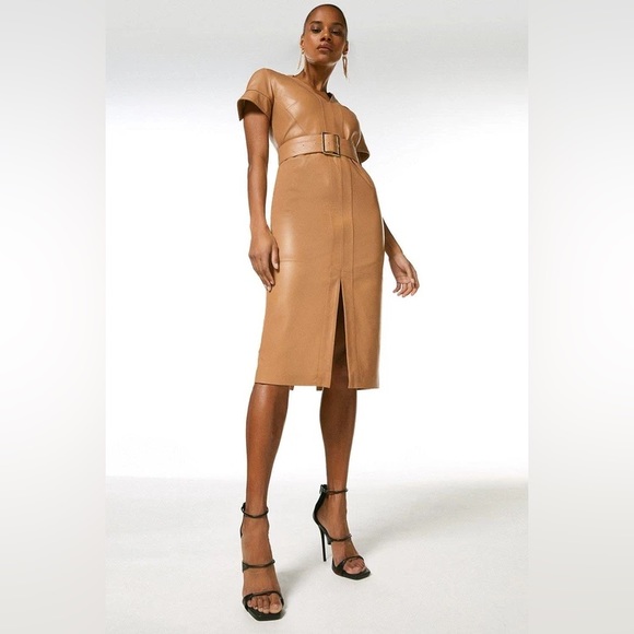 Karen Millen Lamb Leather Forever Short Sleeve Pencil Midi Dress Tan Brown Sz 6 - Picture 1 of 6